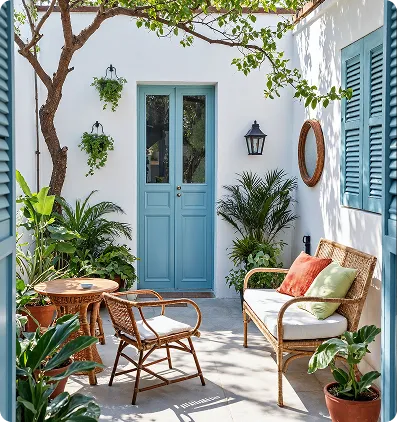 Doorway of a European villa reflecting a new life abroad